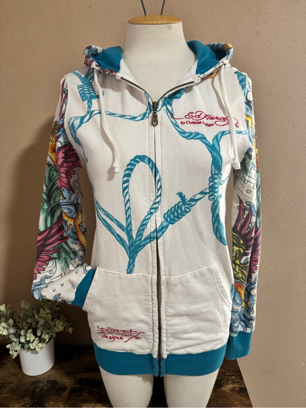 Ed Hardy White & Teal Zip-Up Hoodie with Multicolor Sleeve Art